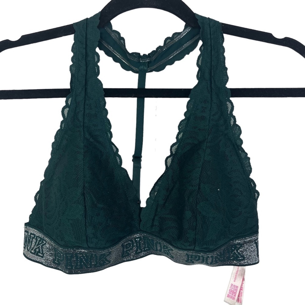 PINK VICTORIA'S SECRET Green Lace Spell Out BRALETTE Halter Wireless Bra sz M